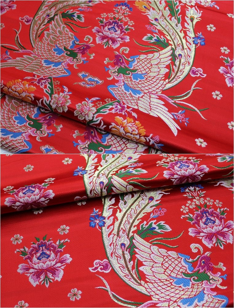 China Red Silk Brocade Fabric: Phoenix Wedding Gown Material
