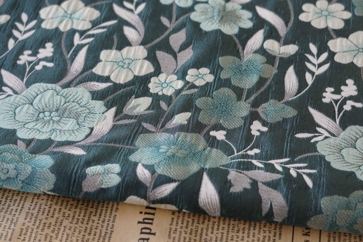 Japanese Floral Rayon Cotton Fabric: Blue Kimono Upholstery, 64"W