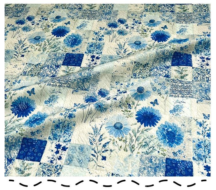 Blue Floral Cotton Fabric: 20s Print, Quilting, Dressmaking - 55" Wide