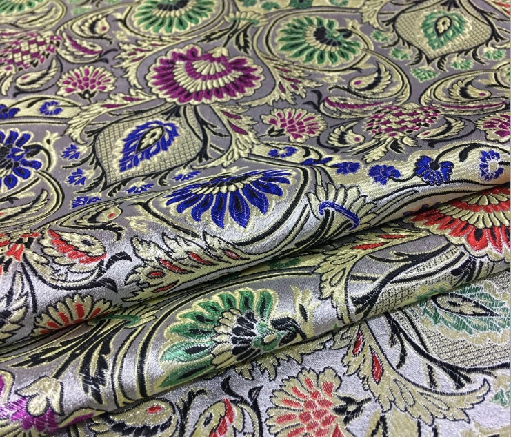 Tissu brocart de soie à motif floral ananas - Largeur 75 cm - Vendu au mètre
