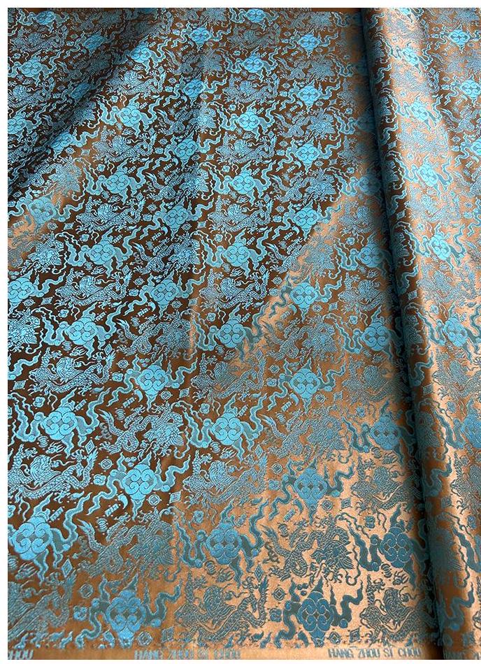 Tissu brocart bleu sarcelle à motif de dragon chinois : mélange de soie et de rayonne, 75 cm de large