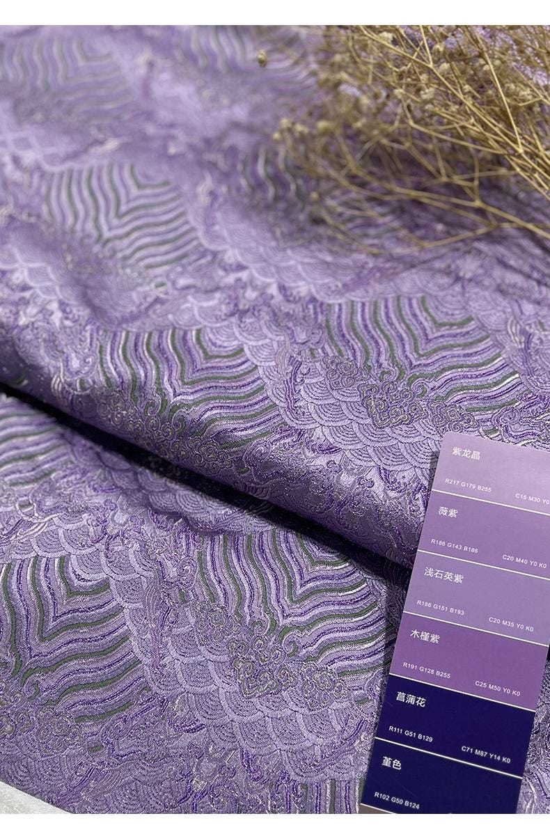 Lilac Ocean Waves Brocade Fabric: Silk Rayon Jacquard, 29.5" Wide