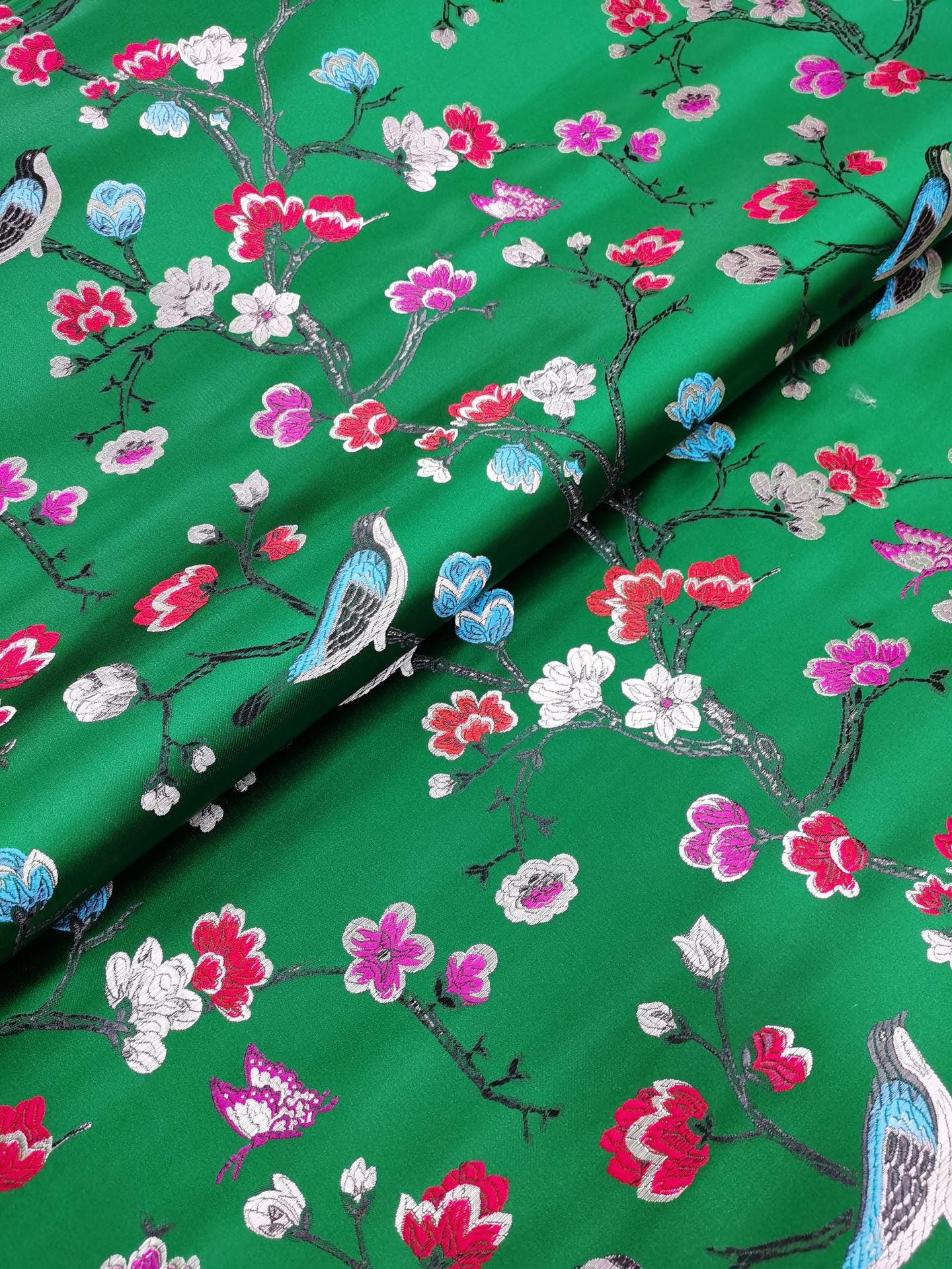 Red Silk Brocade Fabric: Bird & Branch Print, 59" Wide