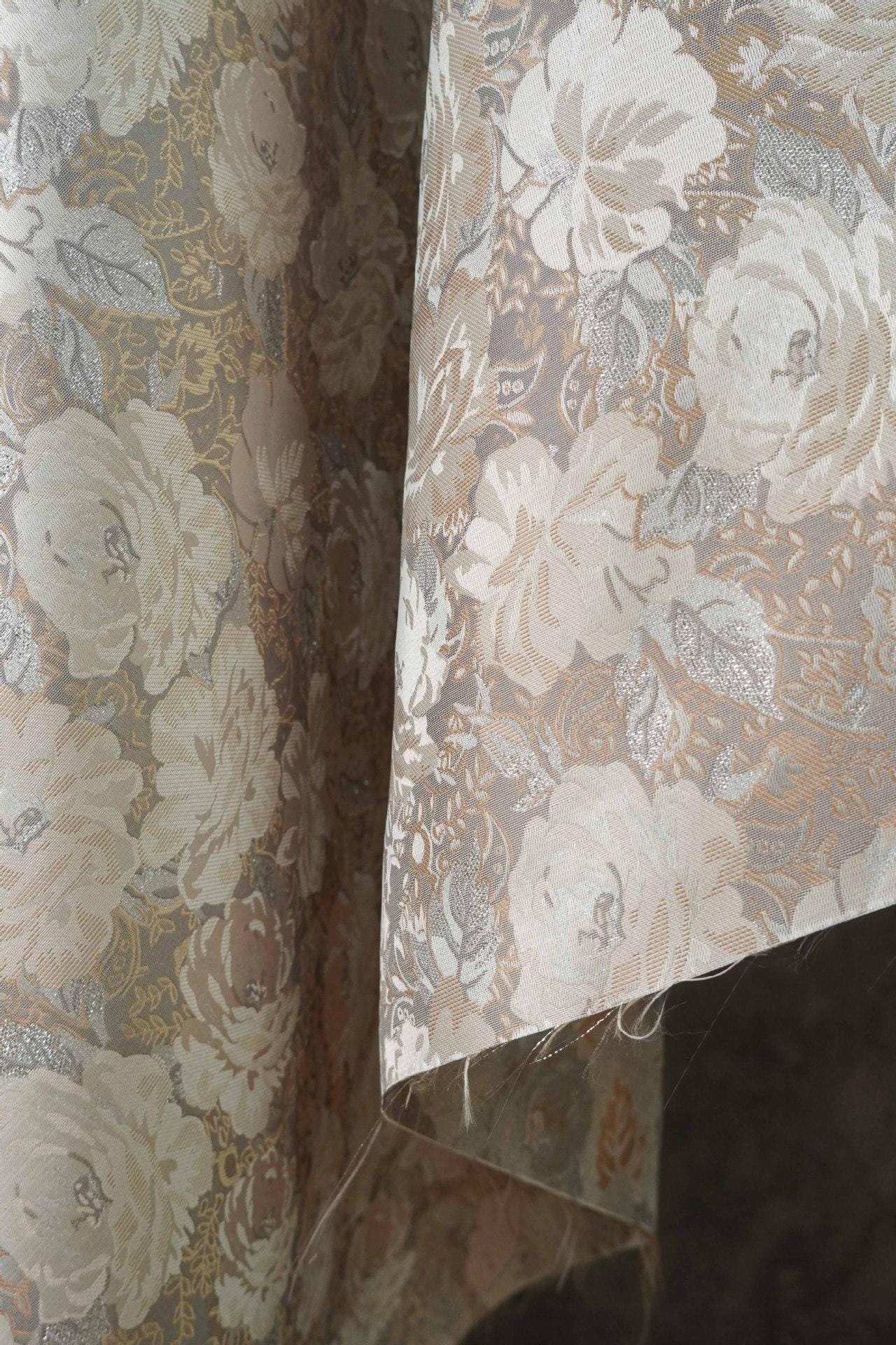 Embroidered Jacquard Fabric: Silver Thread Floral Design, Upholstery & Costume - By the Meter