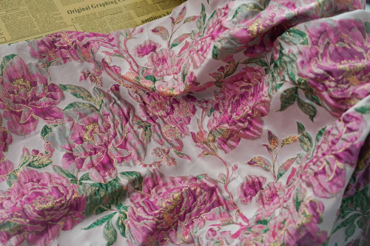 Gold Thread Floral Jacquard Fabric: 3D Oil Painting Texture, 55"W