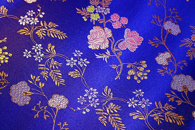 Floral Silk Brocade Fabric: Royal Blue & Purple Cheongsam Qipao (35"W)