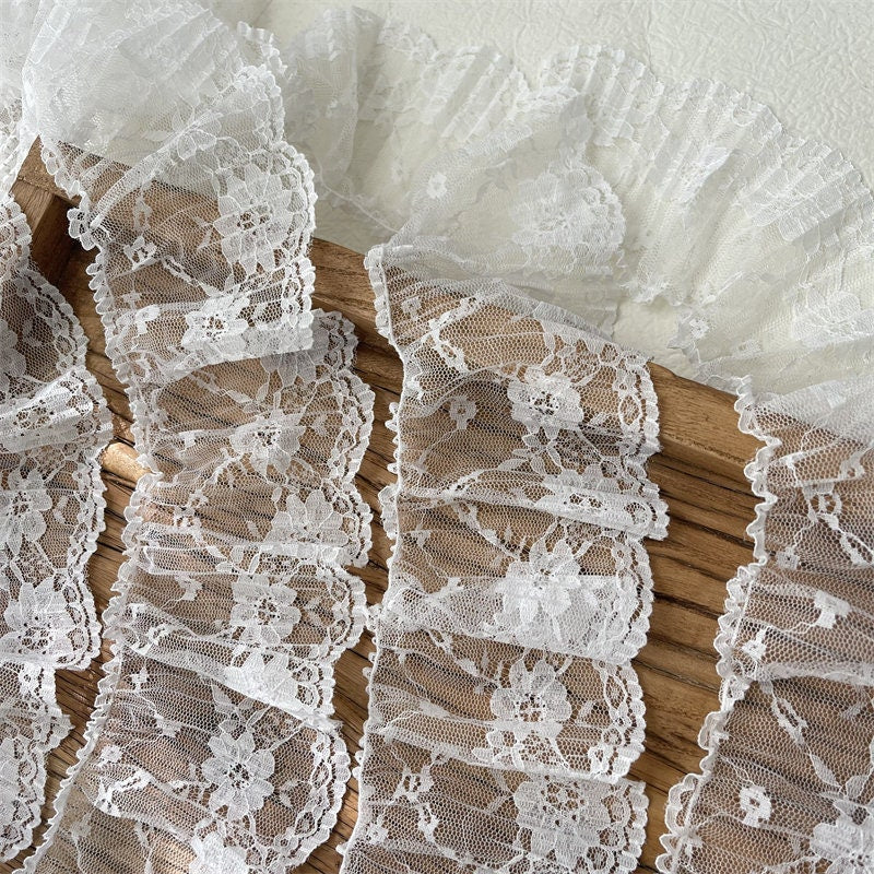 White Pleated Lace Trim, Ruffled Fabric, Lolita Decor, 3.5" W