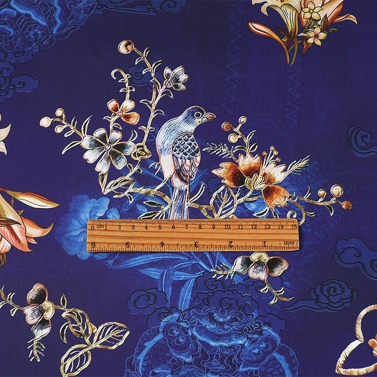Bird Print Tea Silk Satin Fabric - 59"W Floral Upholstery
