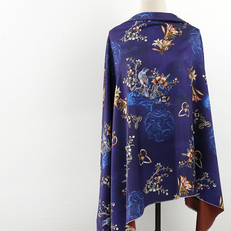 Bird Print Tea Silk Satin Fabric - 59"W Floral Upholstery