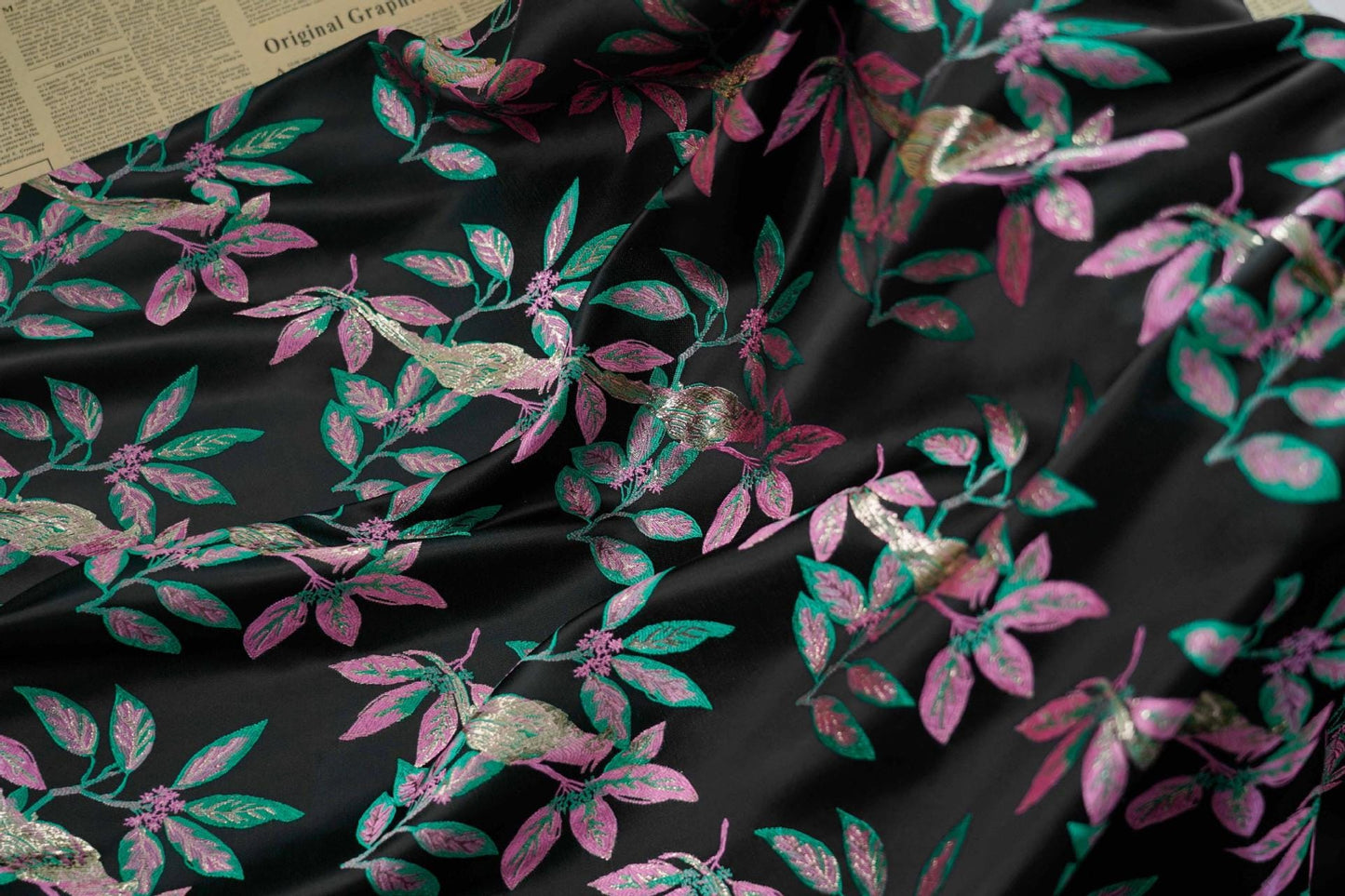 Gold Thread Jacquard Fabric: Green & Black 3D Designer Fabric, 65"W - Poppylollipop