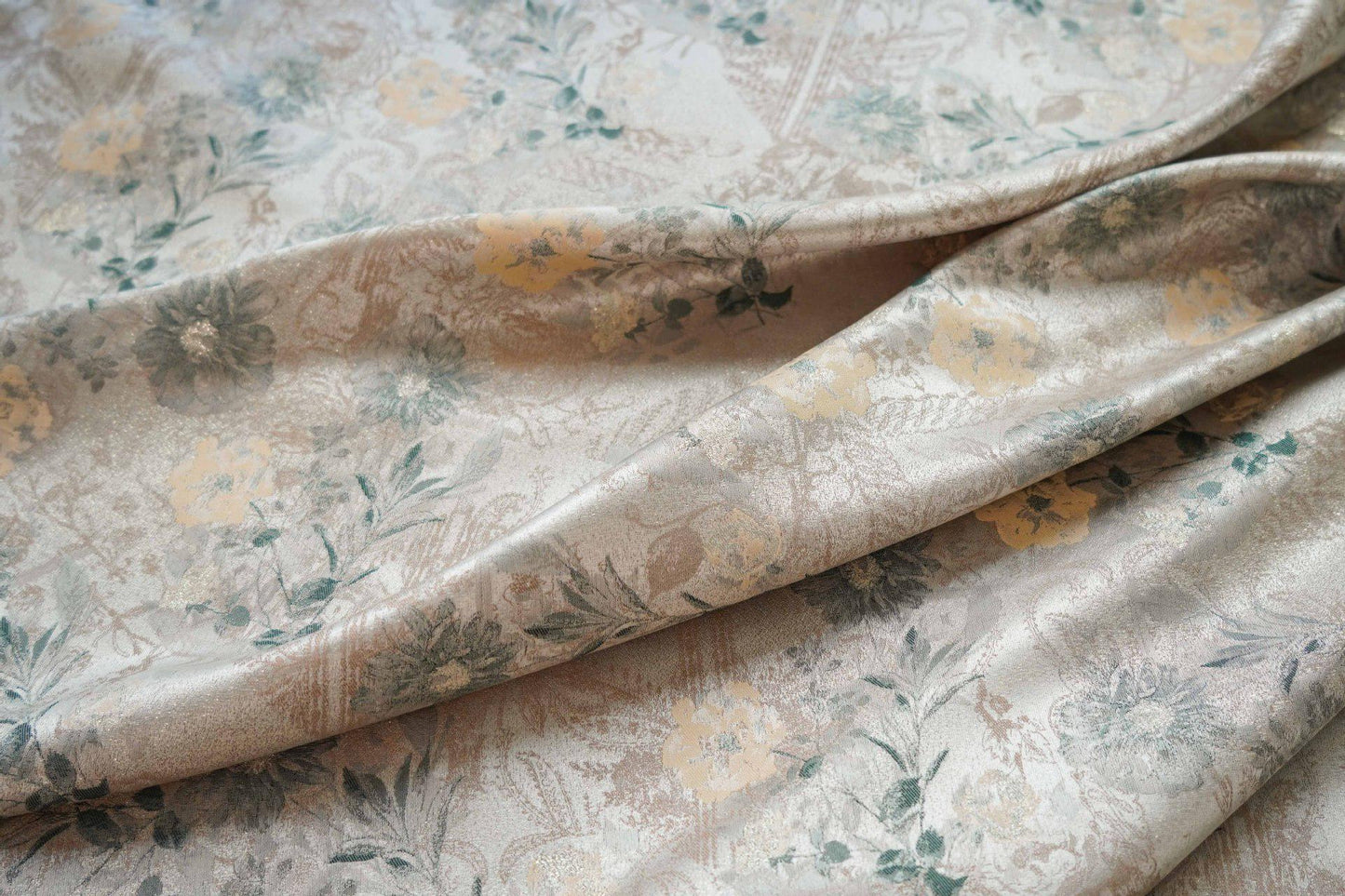 Floral Jacquard Woven Fabric: Gold Thread Embossed Pattern, 63" Wide - Poppylollipop