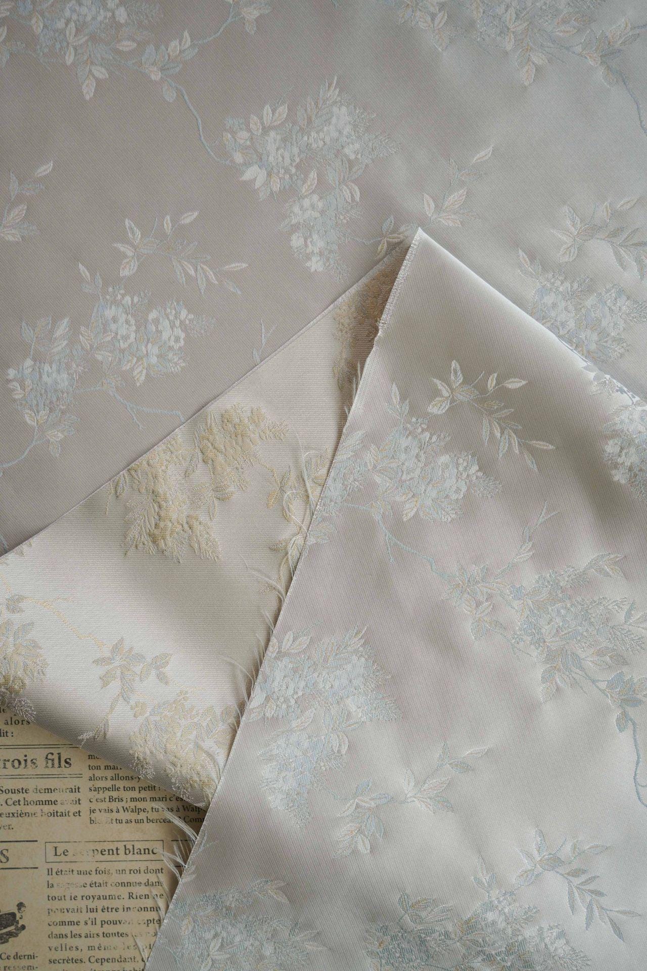 Plum Blossom Brocade Fabric: Silver White Rayon Jacquard, 59"W - Poppylollipop