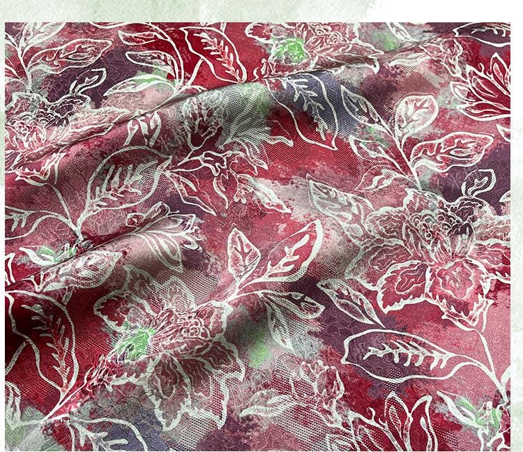 Scarlet Blossom Xiangyunsha Fabric, Luxury Chinese Dressmaking Material for Cheongsam, Qipao, Sewing and Upholstery - Poppylollipop