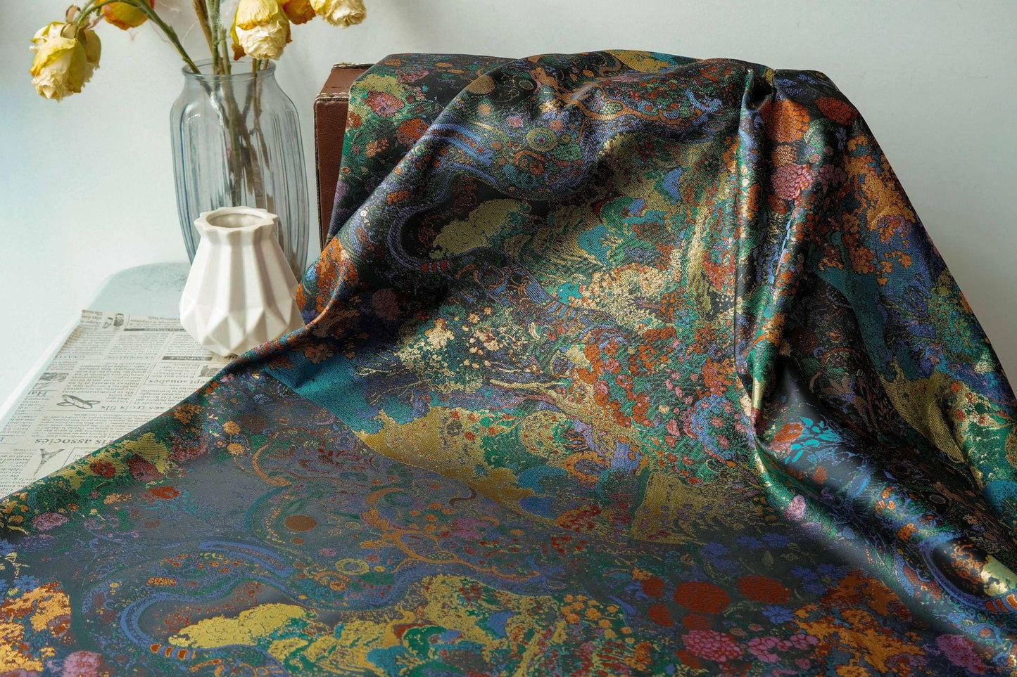 Floral Gold Jacquard Fabric: Artistic Brocade, 65" Wide - Poppylollipop