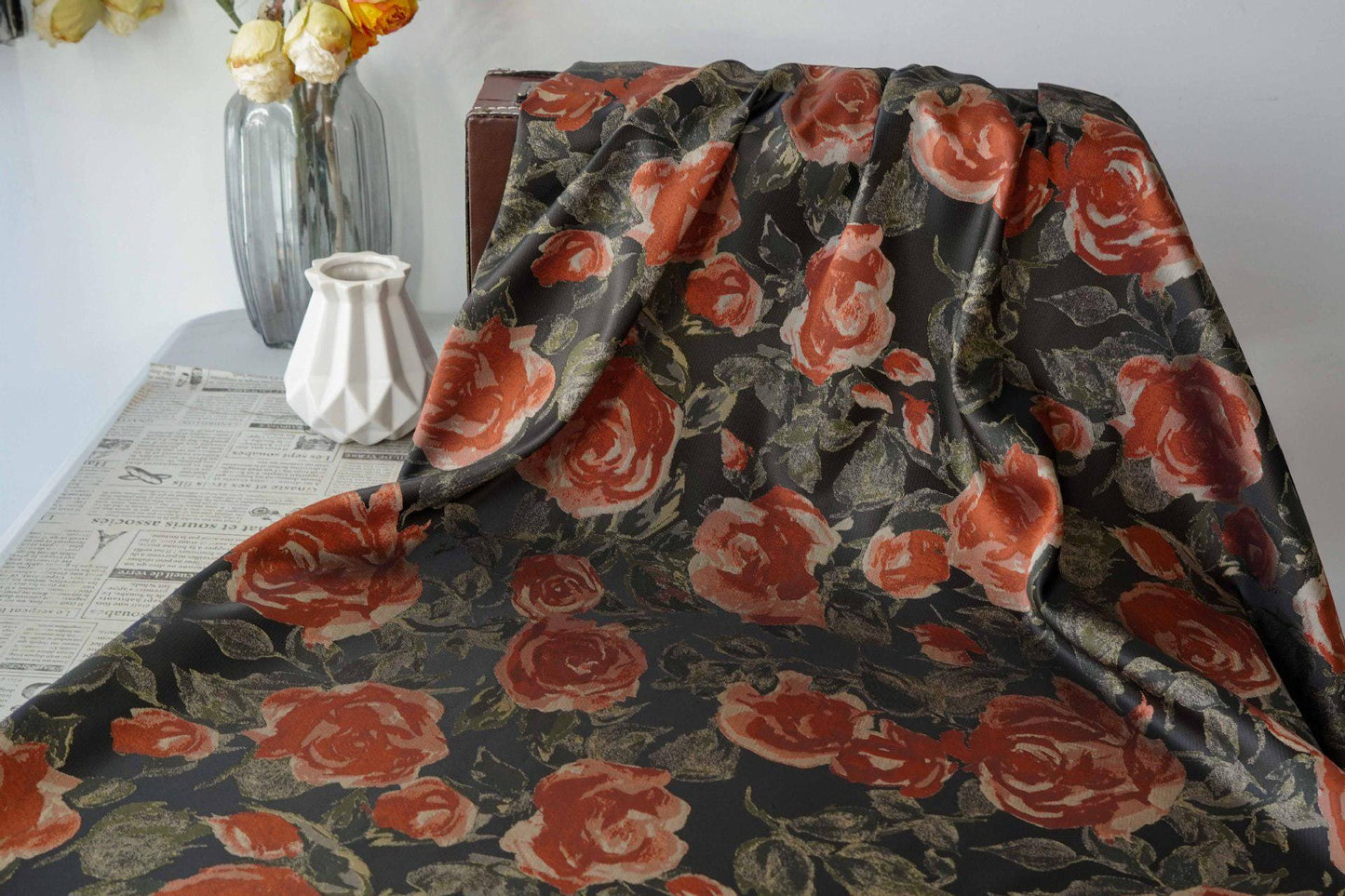 French Oil Painting–Style Black Rose Decorative Fabric | Vintage Woven Textile, 57"Wide