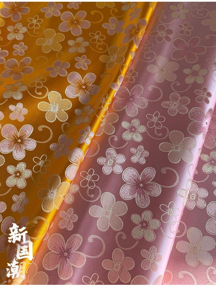 Floral Jacquard Rayon Blend Fabric – Pink & Yellow, 29" Wide - Poppylollipop