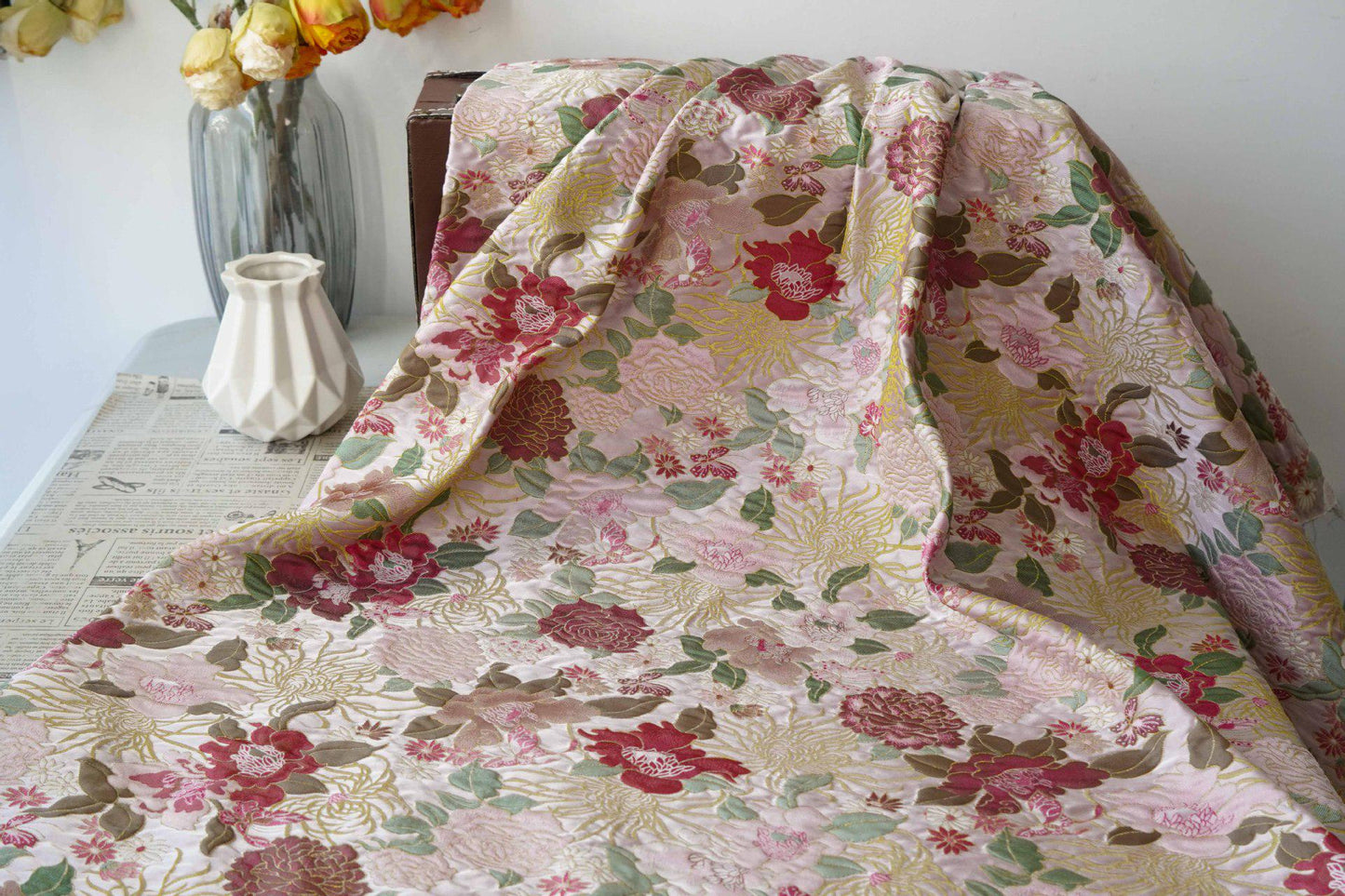 Embossed Floral Jacquard Fabric, Peony Chrysanthemum Pattern, 59" Wide