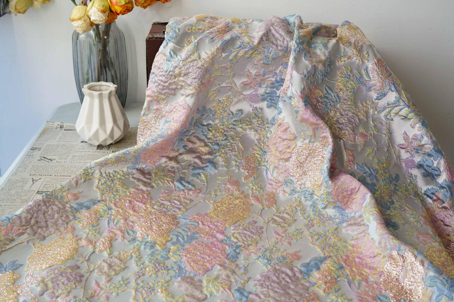 Floral Jacquard Fabric – Gold Embellished, 58" Wide - Poppylollipop