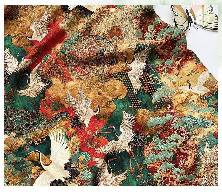 Japanese Style Crane Cotton Fabric, Mountain Print, Soft Cotton Material for Sewing, Mask, Kimono, Crafting, Home Decor, Nursery Textile