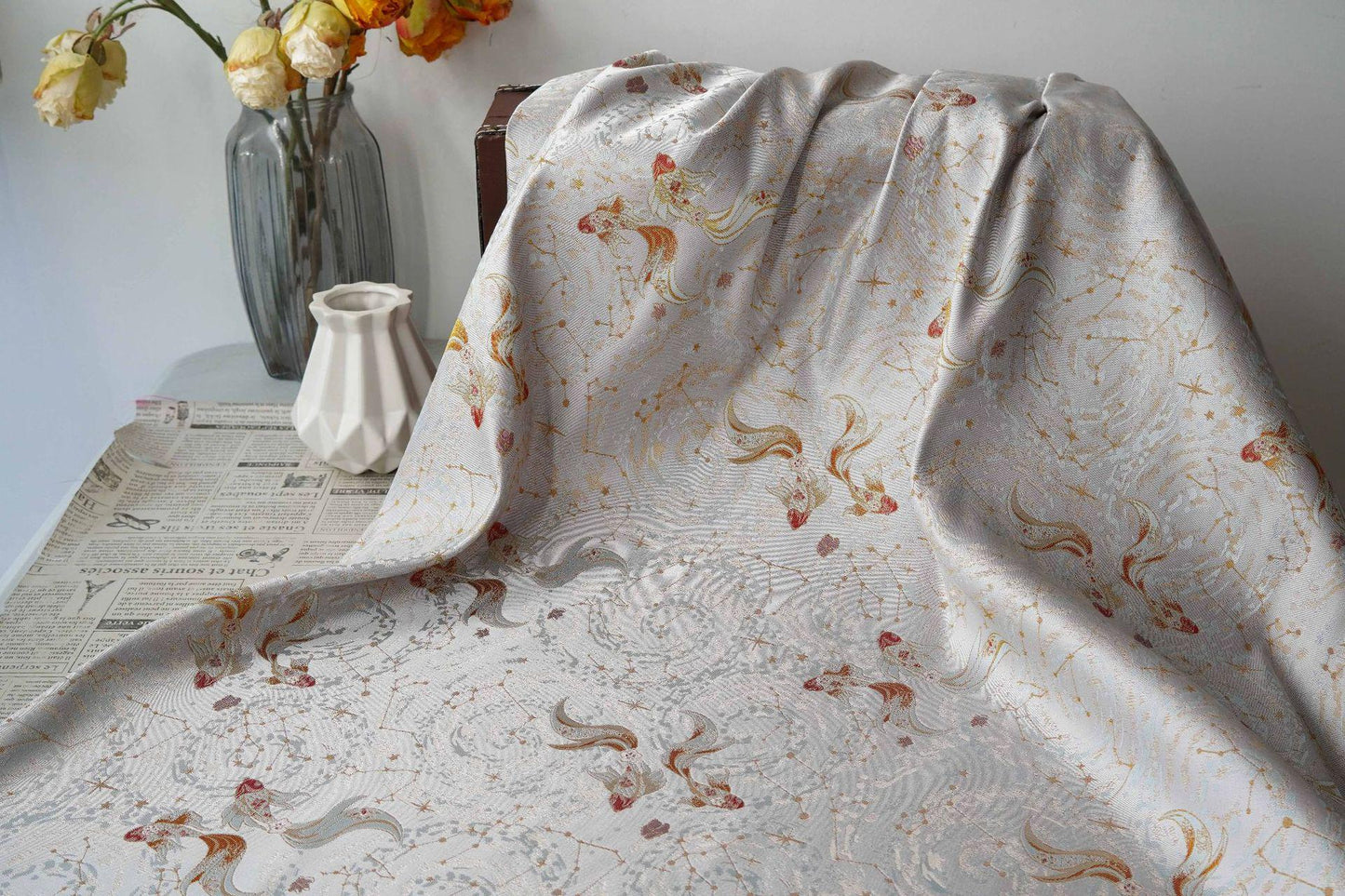 Song Brocade Pisces Gold Thread Jacquard Fabric – Chinese Zodiac Luxury Woven Textile for Hanfu, Costumes & Decorative Use, 59"Wide