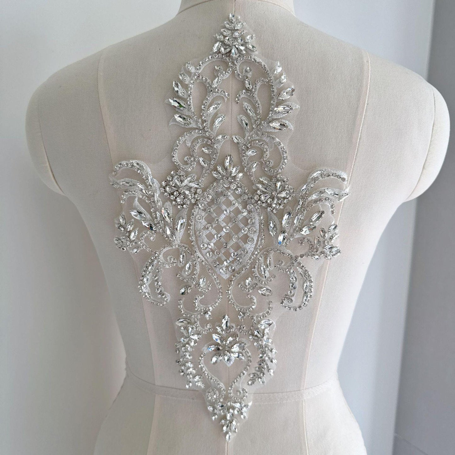 Silver Rhinestone Applique Patch | Handmade Crystal Beaded Embellishment | Bridal Dance Dress DIY Costume Accessory