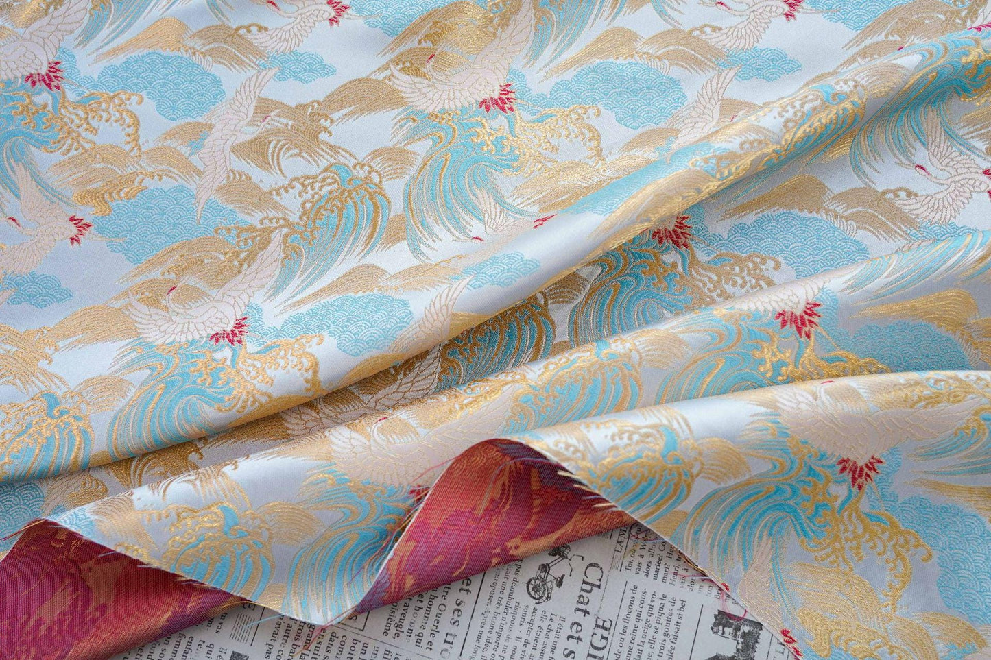 Crane Cloud Brocade Fabric | Song Dynasty Jacquard | Celestial Bird Pattern | Hanfu Wedding Decor Cosplay, 59"Wide