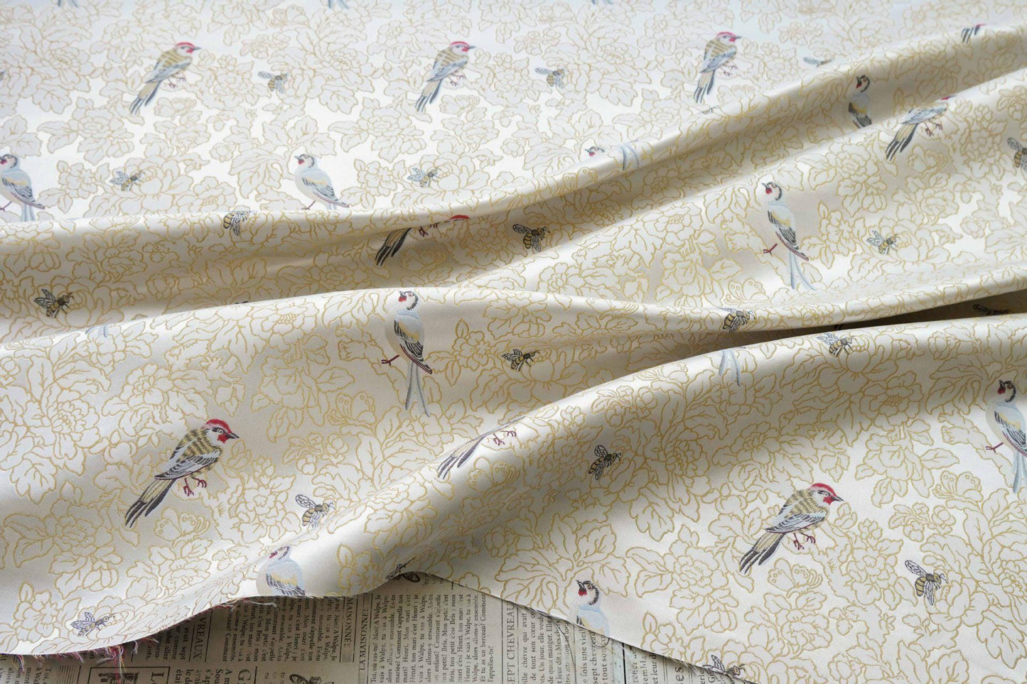 Song Brocade Bird Floral Jacquard | Gold Thread Fabric | Exotic Bird Among Flowers | Hanfu Wedding Cosplay Decor, 64"Wide - Poppylollipop