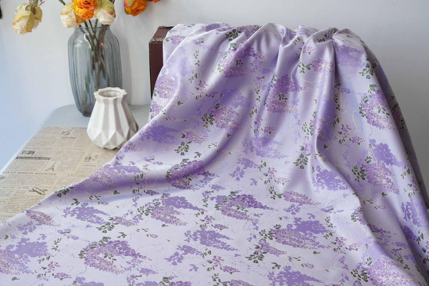 Chinese Wisteria Brocade Fabric, Gold Metallic Jacquard Satin Textile by Yard, Elegant Oriental Floral Fabric for Dress Upholstery Crafts