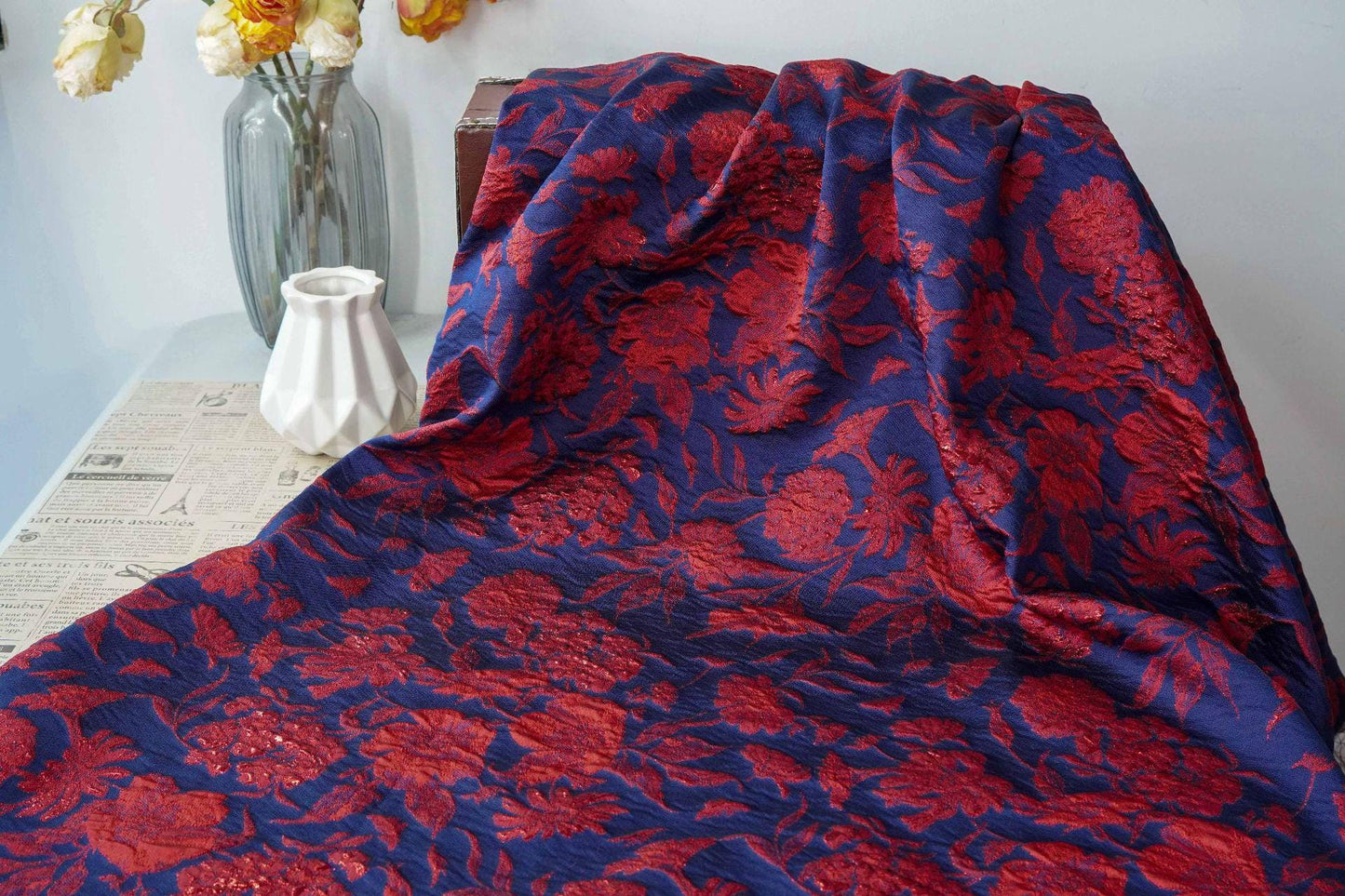 Blue Gold Jacquard Fabric by Yard, Vintage Red Flower Brocade Textile, Oriental Metallic Fabric for Dress Curtains Crafts, 54"Wide