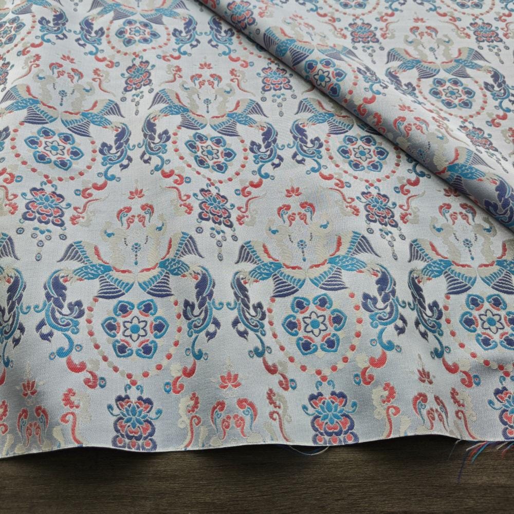 Chinese Brocade Fabric by Yard, Sky Blue Floral Jacquard Satin, Oriental Chinoiserie Fabric for Dress Curtains Crafts, 59"Wide