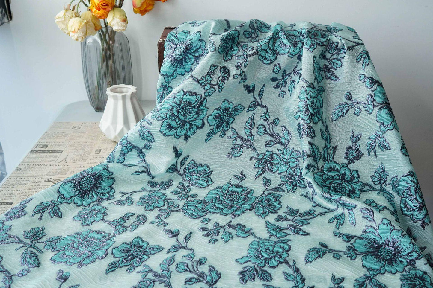 Embossed Peony Metallic Jacquard Fabric, Vintage Floral Brocade Upholstery Material, Luxury Decorative Fabric for Curtains, Sofa, Home Decor