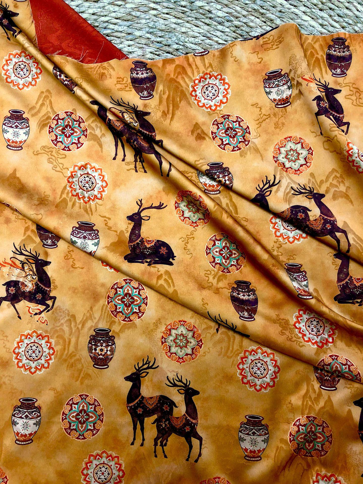 Chinese Blessing Deer Jacquard Fabric, Luxury Brocade Upholstery Textile, Traditional Fulu Deer Pattern Fabric, 59" Wide By The Yard, 59"W