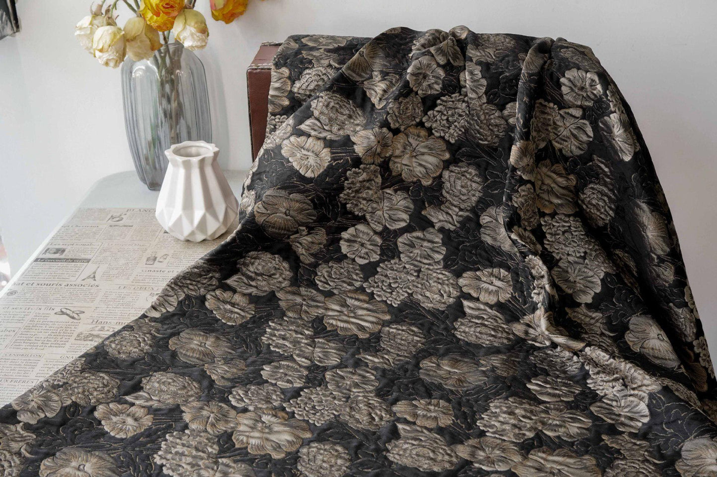 Embossed Floral Jacquard Fabric, Black Woven Brocade Upholstery Material for Bags, Cheongsam, Home Decor and Crafts, 63"Wide