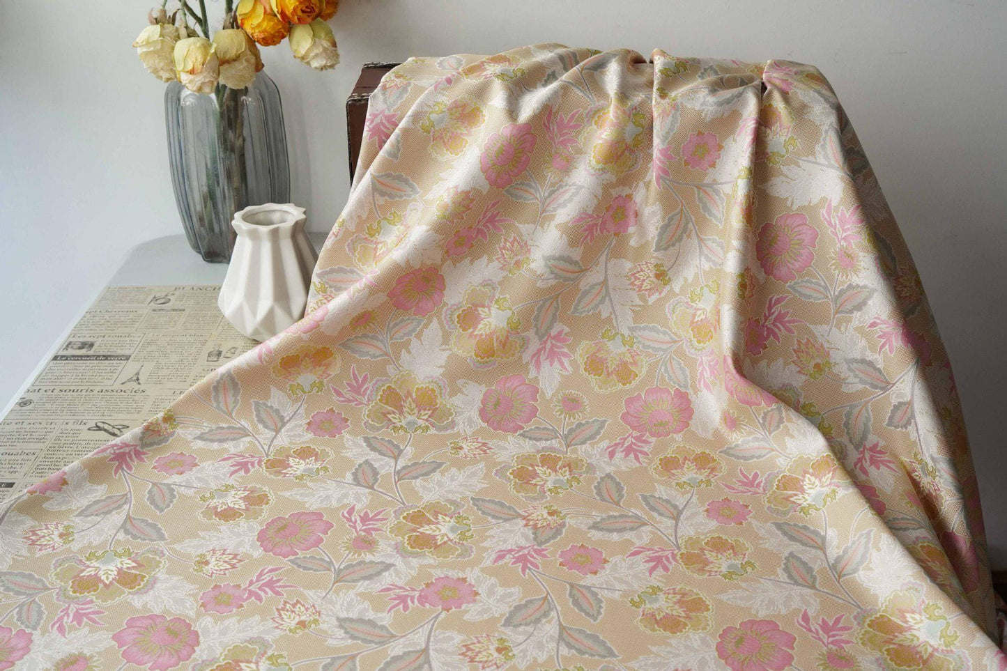 Vintage French Floral Fabric by Yard, Chinoiserie Vine Jacquard Textile, Elegant Dress Vest Upholstery Sewing Fabric, 57"W - Poppylollipop