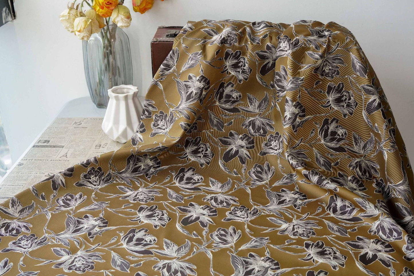 Vintage Hand-Drawn Magnolia Yarn-Dyed Fabric, Floral Upholstery Textile, Retro Botanical Material for Curtains, Cushions & Home Decor, 63"W - Poppylollipop