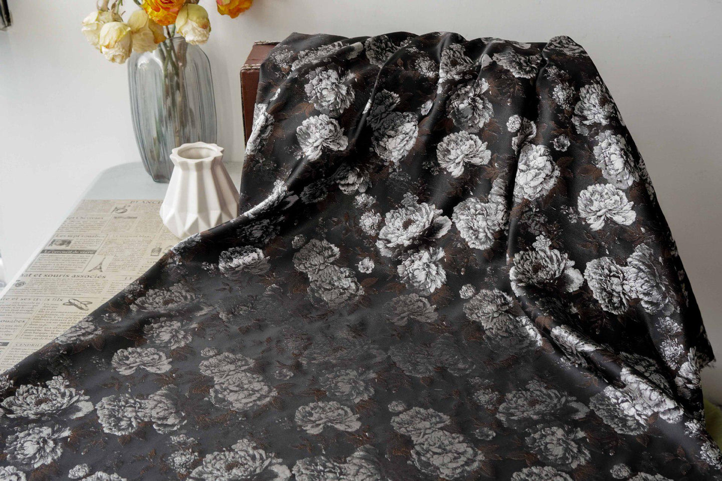 Vintage Black Peony Jacquard Fabric, Dark Romantic Floral Brocade Textile for Cheongsam, Upholstery, Curtains & Home Decor, 63" Wide - Poppylollipop