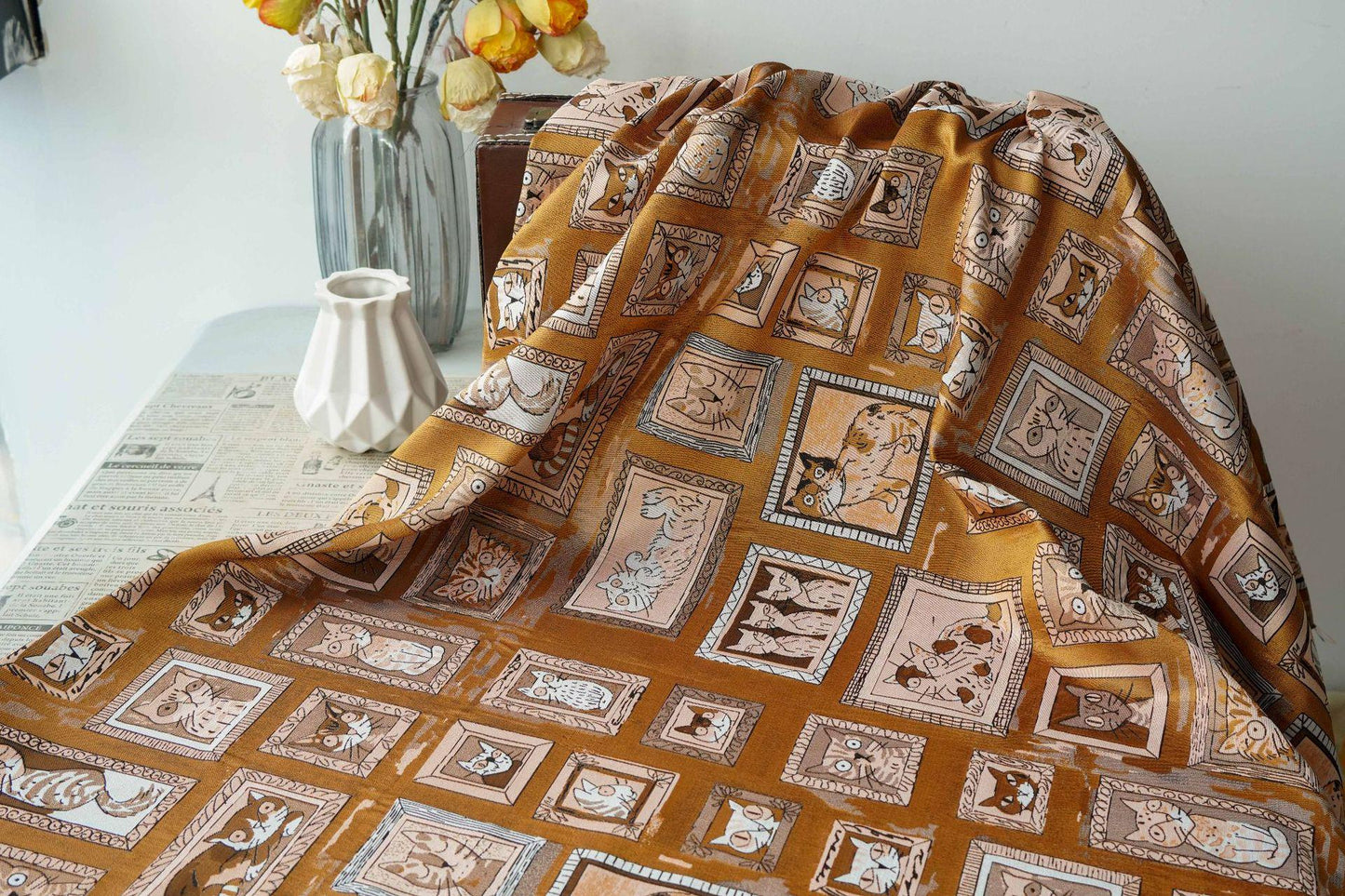 Retro Cat Print Fabric by Yard, Cartoon Cat Frames Cotton Blend Textile, Upholstery Fabric for Curtains Sofa Cushions Sewing Crafts, 63" W - Poppylollipop