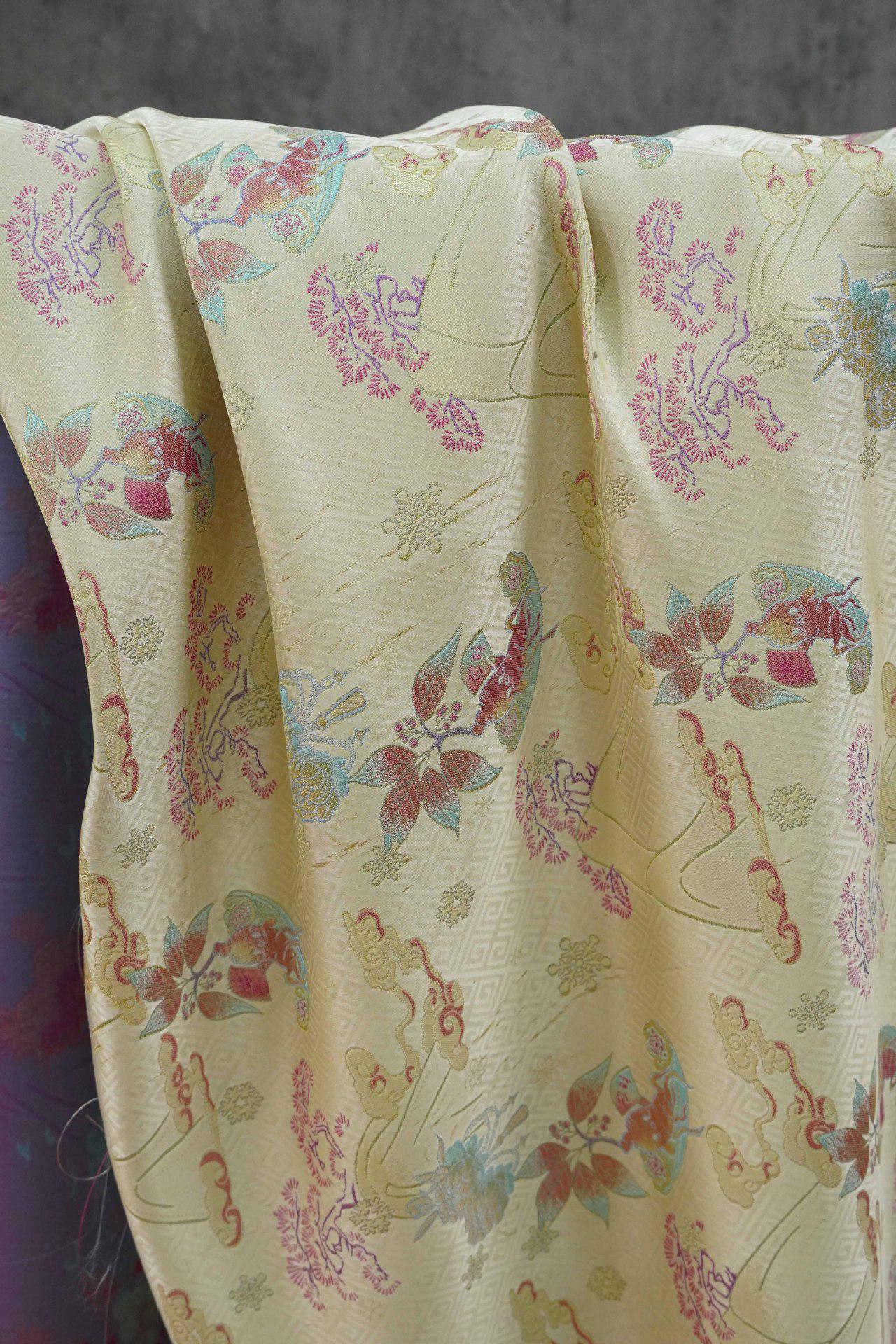 Hundred Blessings Jacquard Brocade Fabric, Song Dynasty Inspired Satin Damask Textile, Elegant Floral Lucky Pattern Fabric, 65" Wide - Poppylollipop