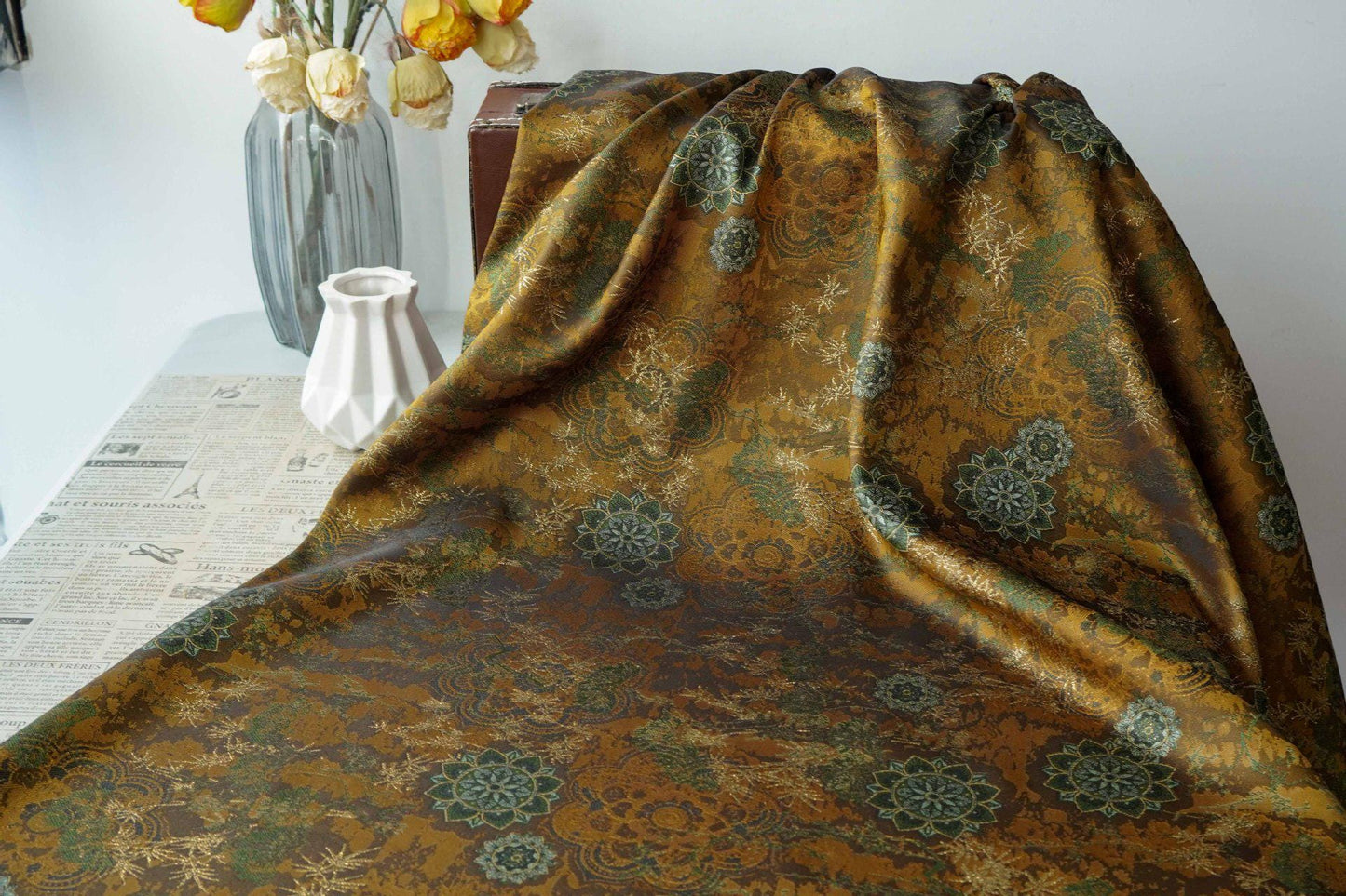 Dunhuang Jacquard Fabric, Gold Metallic Fabric by Yard, Traditional Floral Textile, Silk Like Hanfu Fabric, Luxury Sewing Material, 56"Wide - Poppylollipop