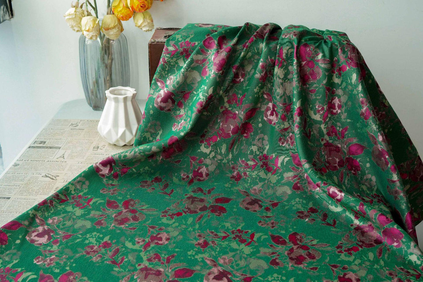 Green Floral Fabric by Yard, French Vintage Jacquard Textile, Pink Flower Dress Fabric for Sewing Crafts Home Decor, 65"Wide - Poppylollipop