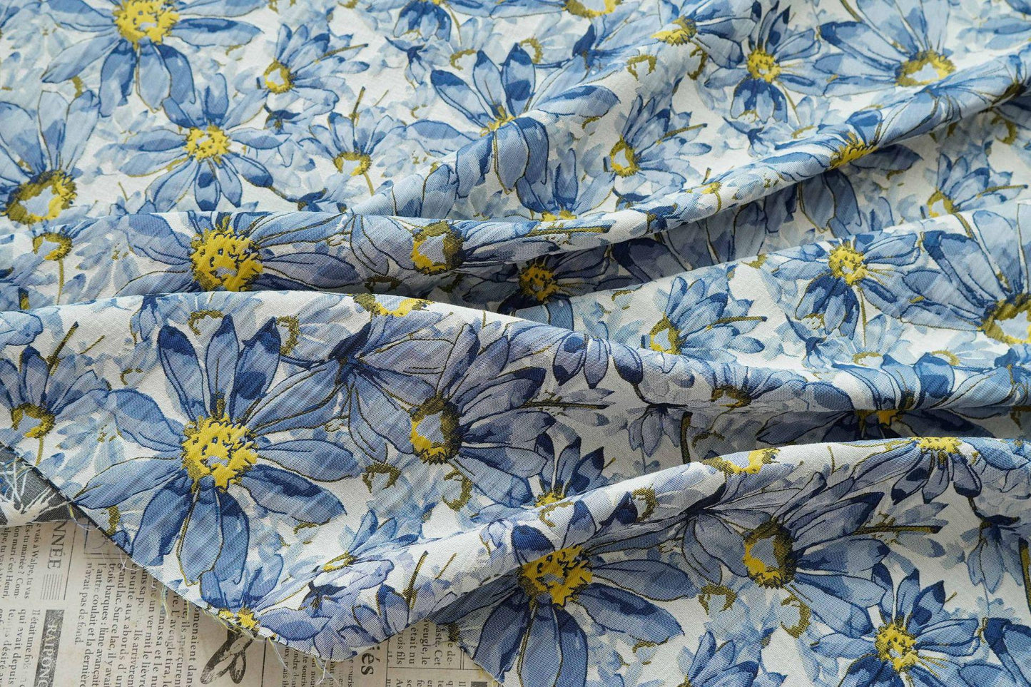 Blue Floral Jacquard Fabric by Yard, Embossed Daisy Brocade Textile, Vintage Oil Painting Style Dress Fabric for Sewing Crafts, 55"Wide - Poppylollipop