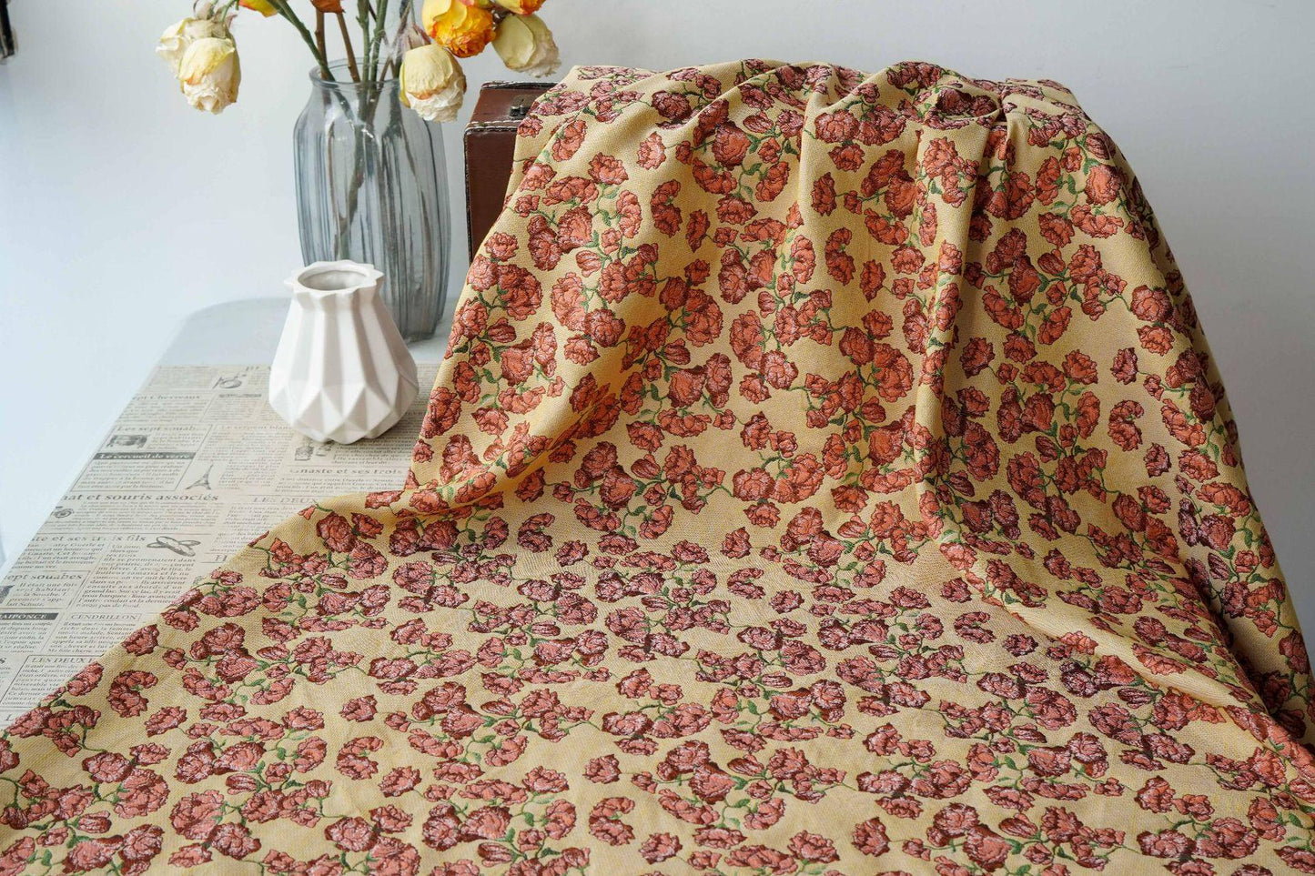 Small Floral Fabric by Yard, Yellow Cottagecore Jacquard Textile, Vintage Rose Dress Fabric for Sewing Quilting Crafts, 57"Wide - Poppylollipop