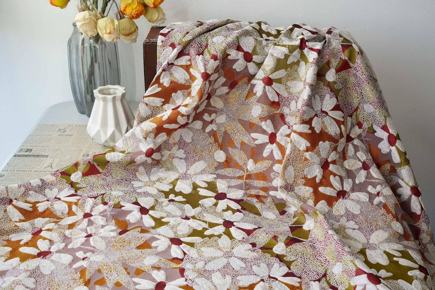 3D Floral Jacquard Fabric, Vintage Daisy Embossed Woven Textile, Textured Flower Brocade Fabric for Dress, Jacket, DIY Sewing, 60"Wide - Poppylollipop