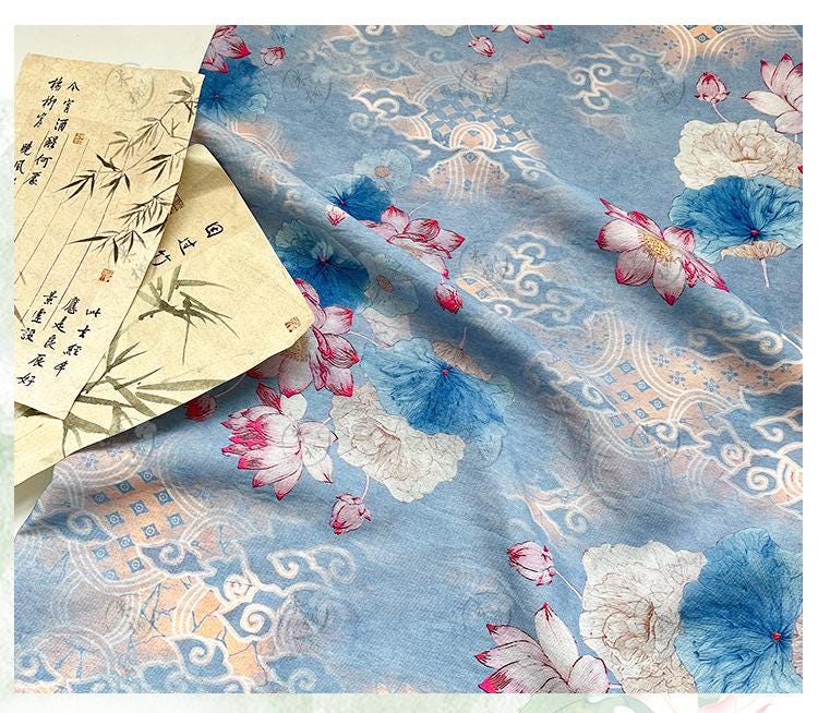 Blue Lotus Cotton Fabric by Yard, Oriental Floral Printed Textile, Soft Dress Fabric for Sewing Quilting Home Decor, 59"Wide - Poppylollipop