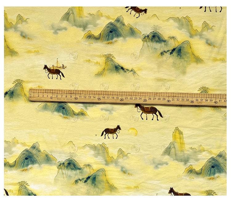 Golden Mist Mountain Horse Print Cotton Fabric by Yard, Chinese Landscape Scenic Textile, Oriental Dress Fabric for Sewing Decor, 59"Wide - Poppylollipop