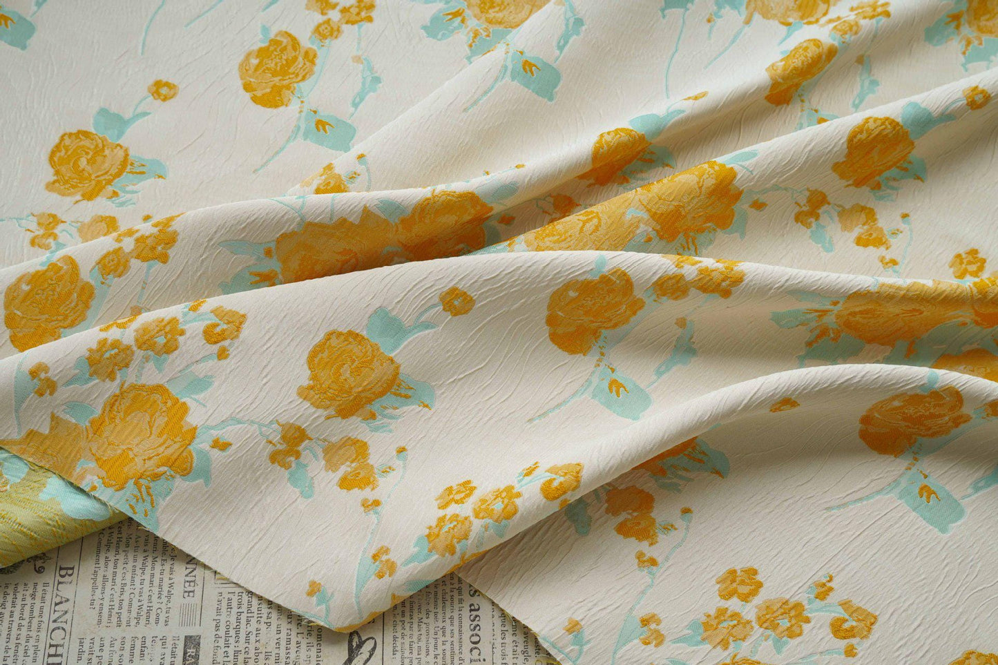 Embossed Yellow Rose Jacquard Fabric, Ivory Floral Brocade Fabric with Blue Accents for Dressmaking, Cheongsam, Upholstery & Decor, 55" Wide - Poppylollipop