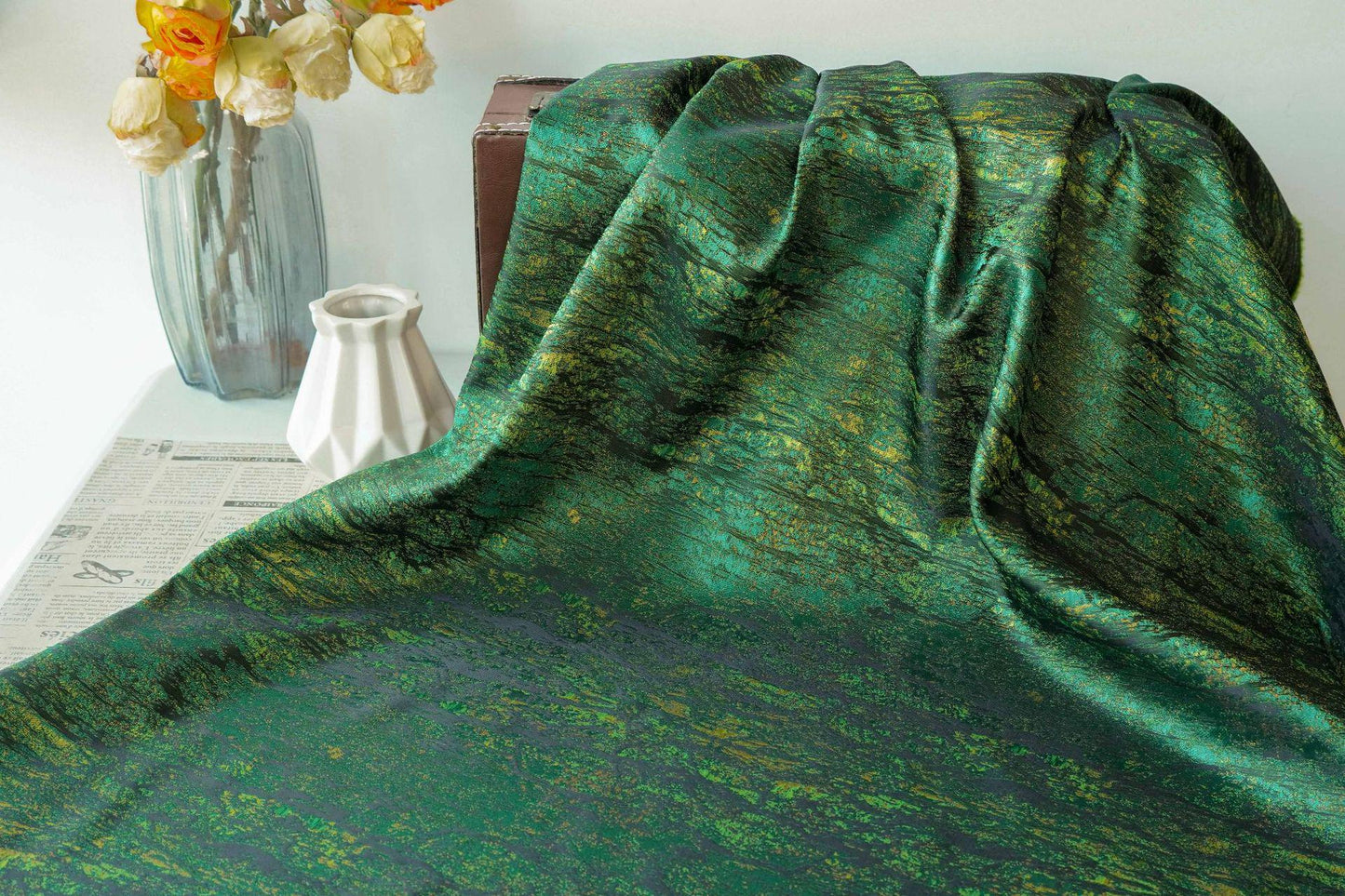 Emerald Green Jacquard Fabric, Textured Bark Pattern Woven Textile, Luxury Abstract Brocade Fabric for Dress, Jacket, DIY Sewing, 66"Wide - Poppylollipop