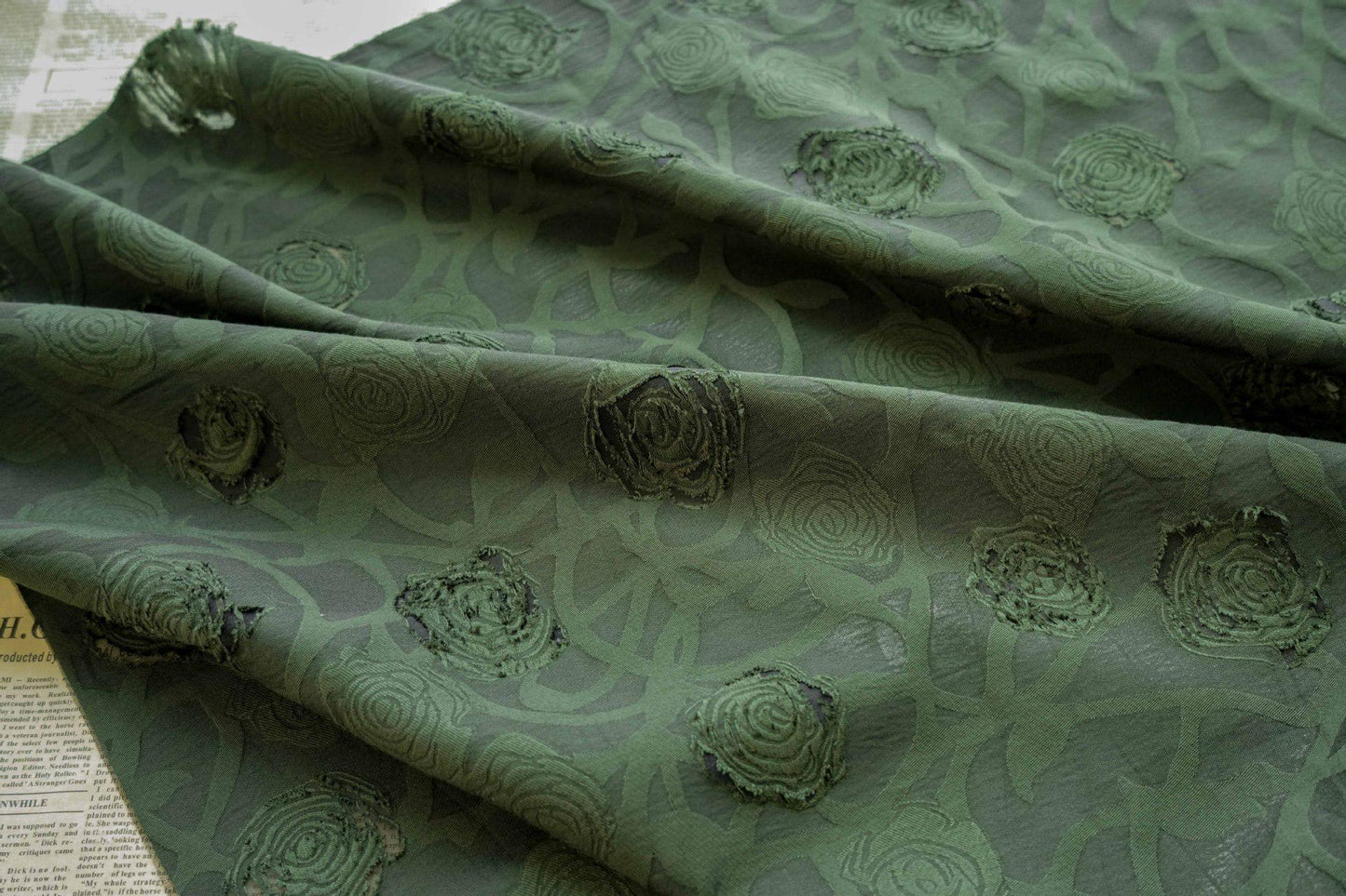 Vintage Rose Cutwork Jacquard Fabric, Embossed Floral Woven Textile, Dark Green Brocade Fabric for Dress, Jacket, DIY Sewing, 53"Wide - Poppylollipop