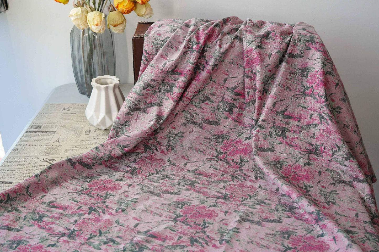 Vintage Pink Floral Jacquard Fabric, Watercolor Botanical Woven Textile, Retro Flower Fabric for Dress, Blouse, Sewing DIY, 56"Wide - Poppylollipop