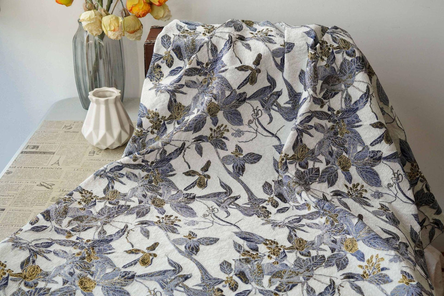 Chinese Floral Bird Jacquard Fabric, Gold Thread Embossed Woven Textile, Vintage Botanical Brocade Fabric for Qipao Dress DIY, 58"Wide